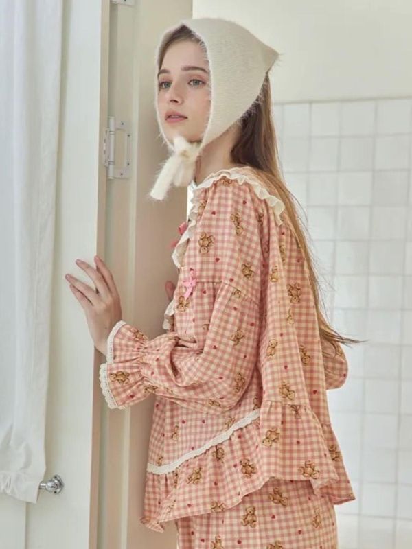 LUNALUZ  粉格熊語蕾絲睡衣套裝 