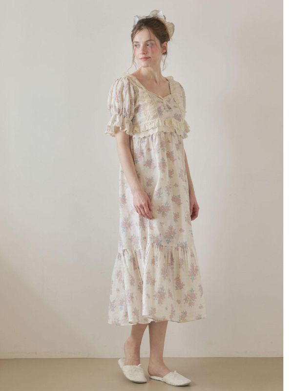 LUNALUZ 花園詩意睡衣洋裝｜霧感花卉　26S 