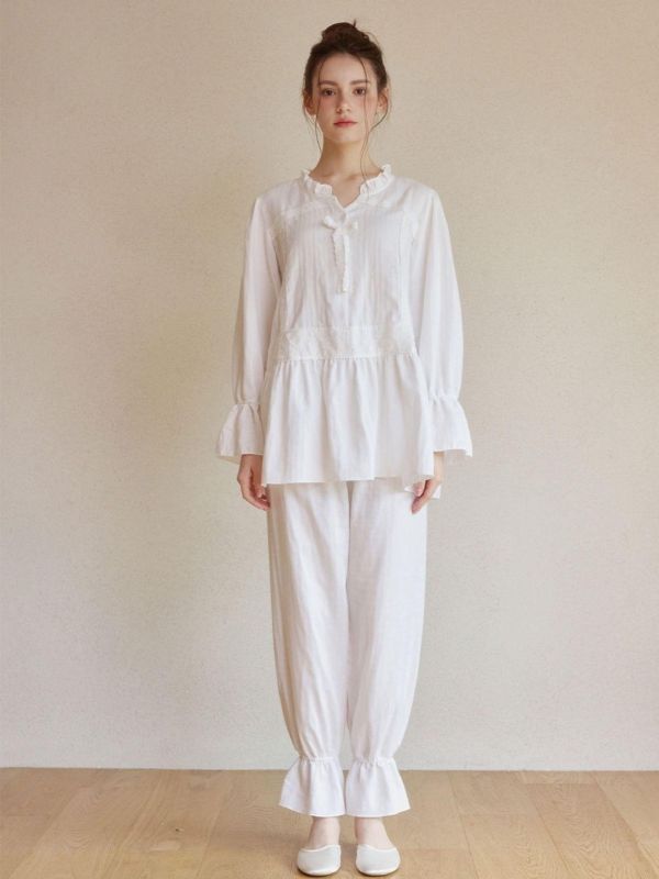 LUNALUZ 純棉混紡蕾絲睡衣套裝｜白色極光 