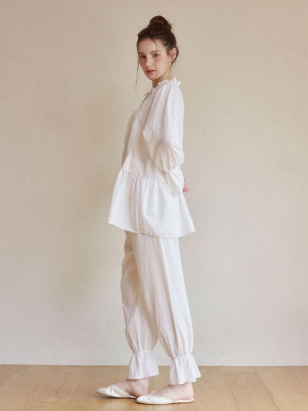 LUNALUZ 純棉混紡蕾絲睡衣套裝｜白色極光 