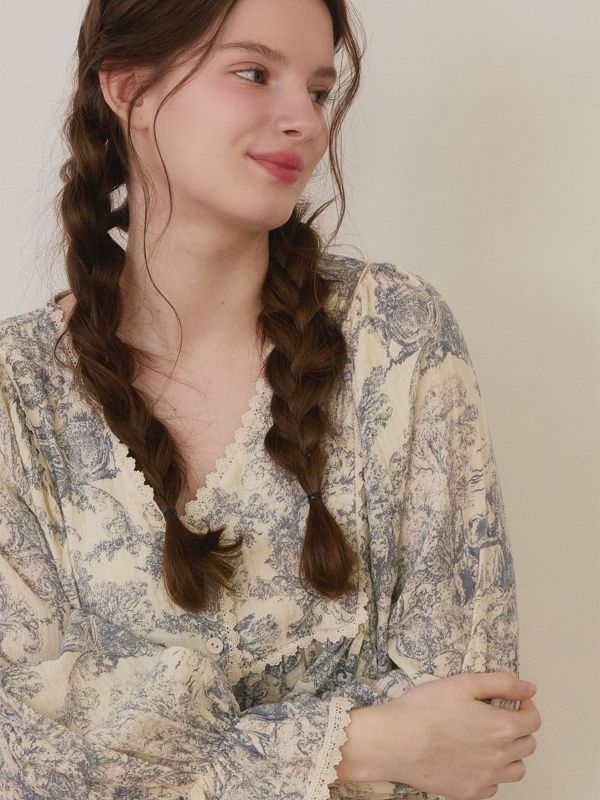 LUNALUZ 韓國復古浮世畫印花睡衣套裝｜雙層紗棉 