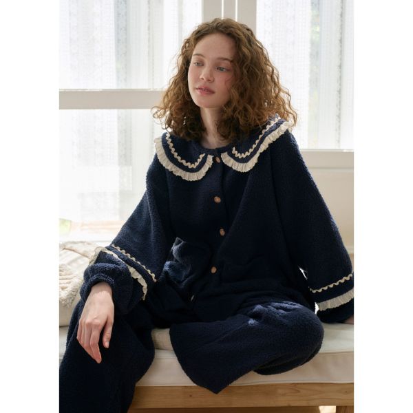 ULLALA冬夜藍調珊瑚絨睡衣套裝 