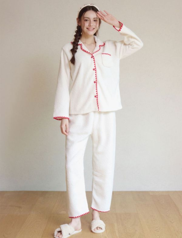 LUNALUZ 經典滾邊羊羔絨睡衣套裝｜9分褲設計 