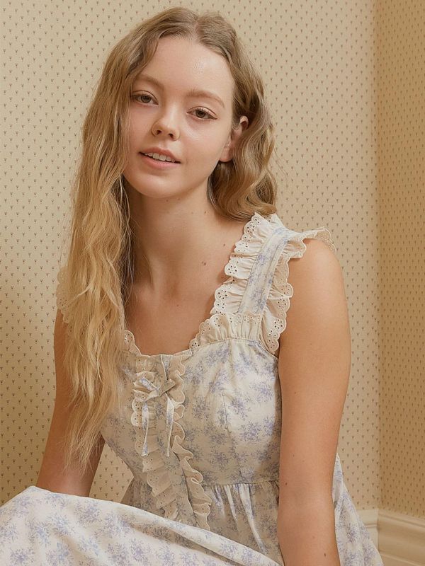 LUNALUZ 藍玫瑰印花蕾絲長裙睡衣｜夏日推薦．薄棉涼感 