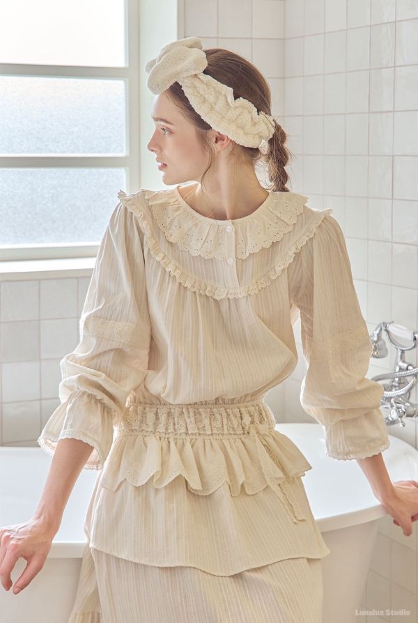 LUNALUZ 米白小夜曲蕾絲睡衣洋裝 