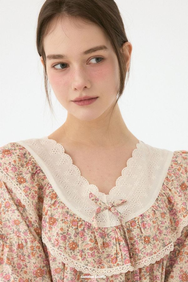 LUNALUZ V 領蕾絲睡衣洋裝｜花園印花 