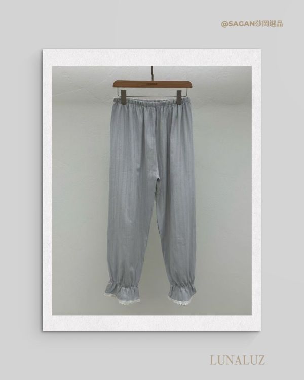 LUNALUZ 暮霧灰純棉蕾絲睡衣套裝 