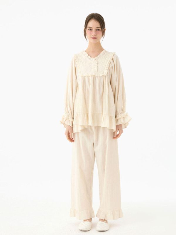 LUNALUZ  晨光呢喃 純棉蕾絲睡衣套裝 