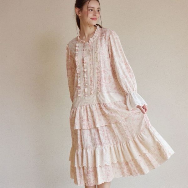 LUNALUZ 韓國粉紅朱依紋印花棉質蕾絲睡衣洋裝 