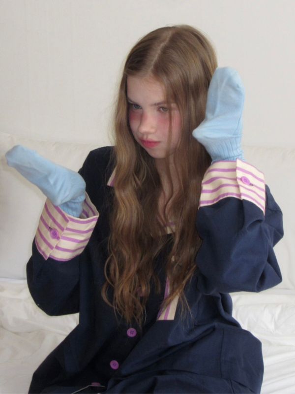 韓國 色塊設計睡衣套裝｜NAVY 