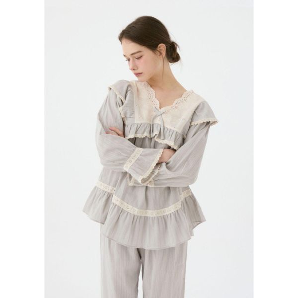 LUNALUZ 暮霧灰純棉蕾絲睡衣套裝 