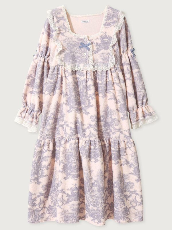 LUNALUZ 法式朱依紋羊羔絨睡衣洋裝 