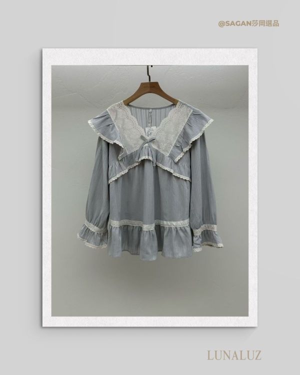 LUNALUZ 暮霧灰純棉蕾絲睡衣套裝 