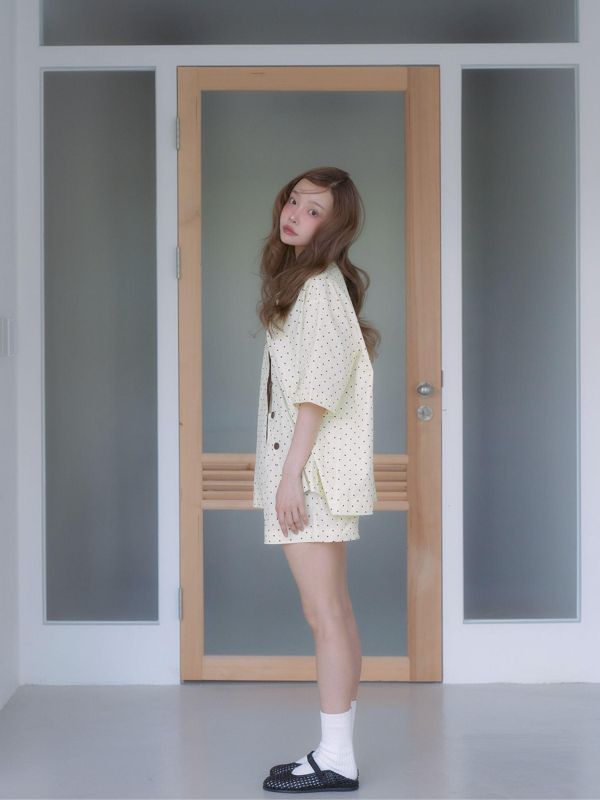 MMOM 淺黃波點睡衣套裝｜100%純棉・限量系列 