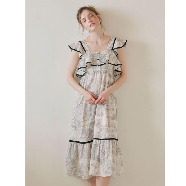 LUNALUZ 朱依紋睡衣洋裝｜黑邊荷葉設計・灰調 26S 