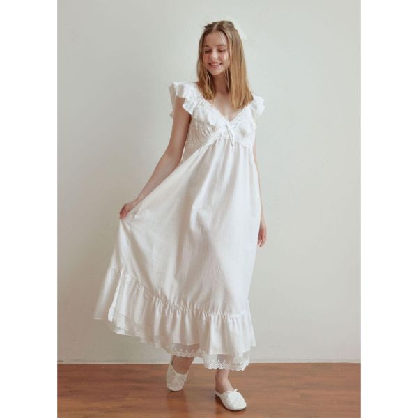 LUNALUZ  長款奢華蕾絲睡衣洋裝 