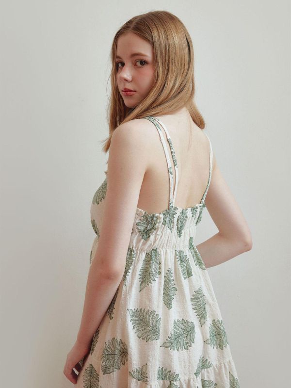 LUNALUZ  夏日度假睡衣洋裝｜奶油綠影 內襯Bra 