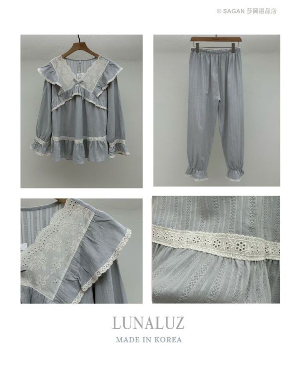 LUNALUZ 暮霧灰純棉蕾絲睡衣套裝 