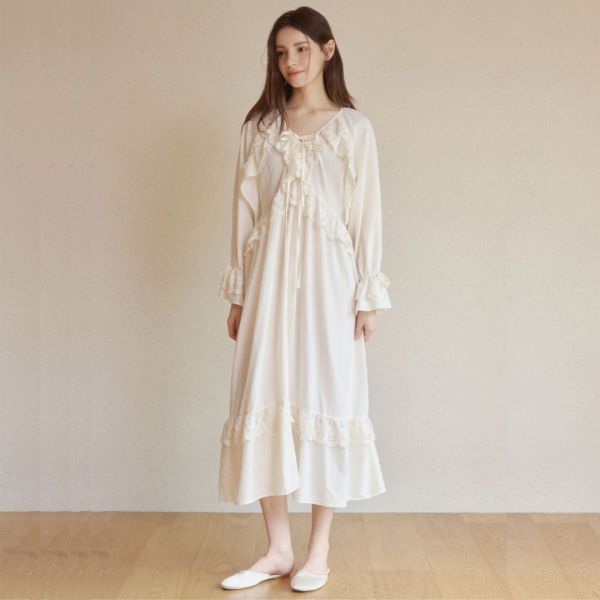 LUNALUZ 奶油香頌蕾絲綁帶睡衣洋裝 