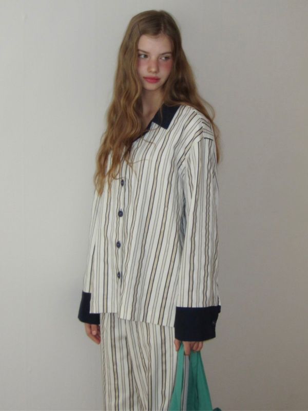 韓國 色塊設計睡衣套裝｜BEIGE 