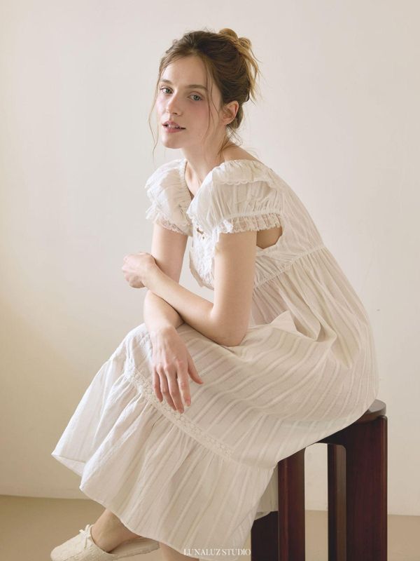 LUNALUZ 古典刺繡織紋 睡衣洋裝｜純淨白　26S 