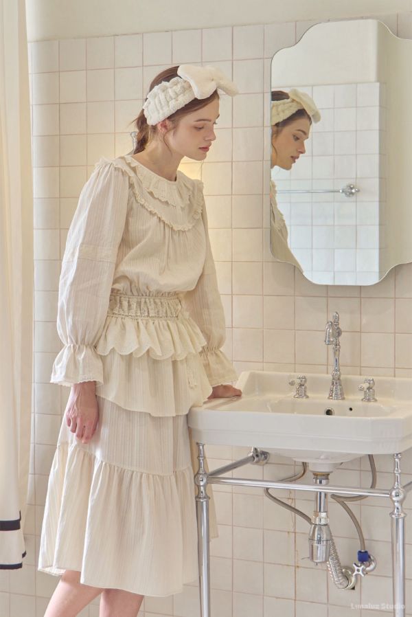 LUNALUZ 米白小夜曲蕾絲睡衣洋裝 