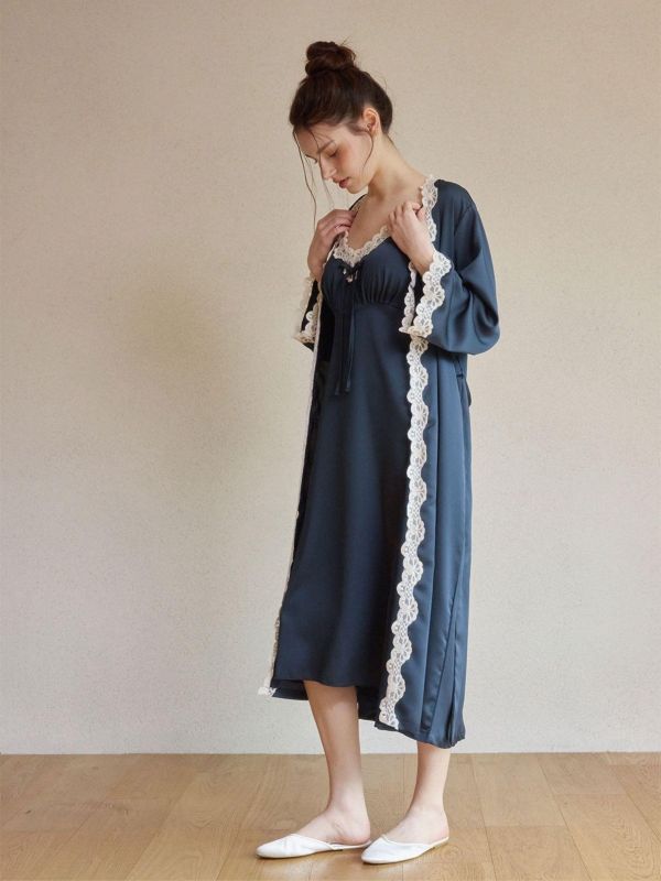 LUNALUZ 夜曲蕾絲 睡衣睡袍組｜內襯 Bra 深夜藍 26S 