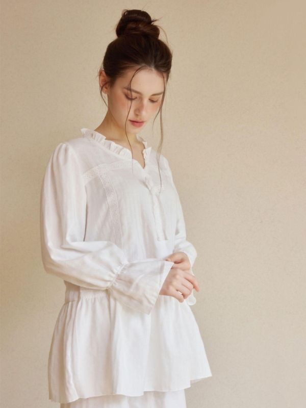 LUNALUZ 純棉混紡蕾絲睡衣套裝｜白色極光 