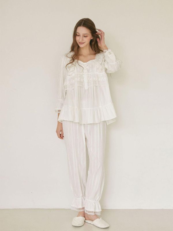 LUNALUZ 奢華蕾絲純棉睡衣套裝 