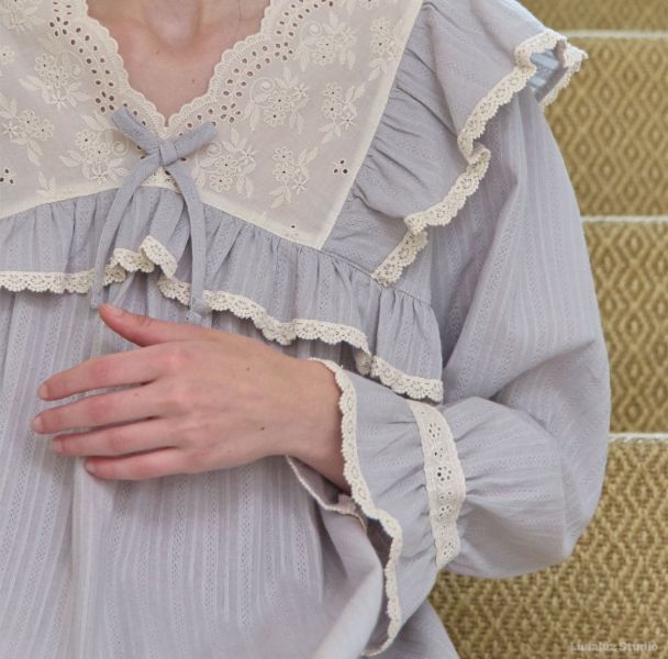 LUNALUZ 暮霧灰純棉蕾絲睡衣 