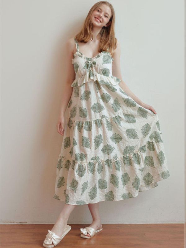 LUNALUZ  夏日度假睡衣洋裝｜奶油綠影 內襯Bra 