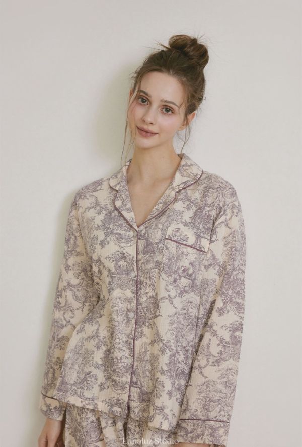 LUNALUZ 韓國雙層紗棉復古浮世畫印花睡衣 