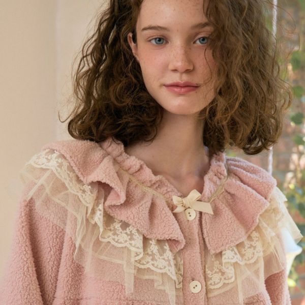 ULLALA 夢幻霧粉蕾絲珊瑚絨睡袍 