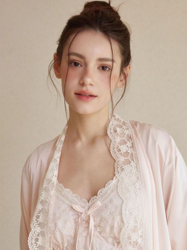 LUNALUZ 夜曲蕾絲 睡衣睡袍組｜柔霧粉 26S 