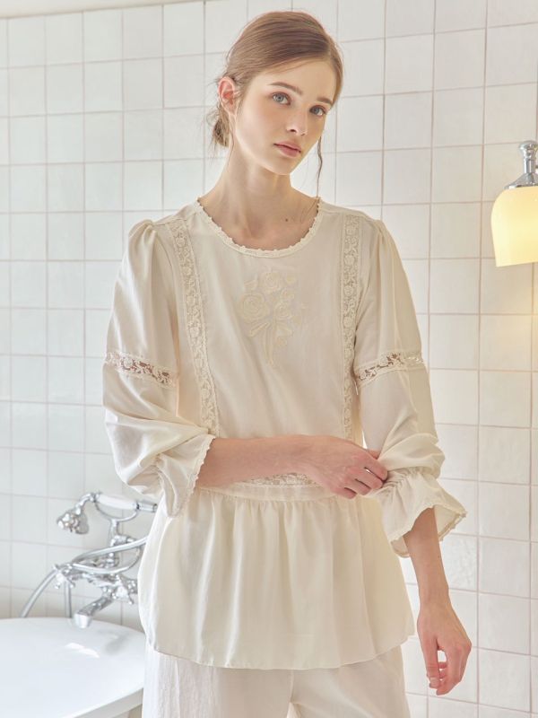 LUNALUZ 米白玫瑰刺繡睡衣套裝 