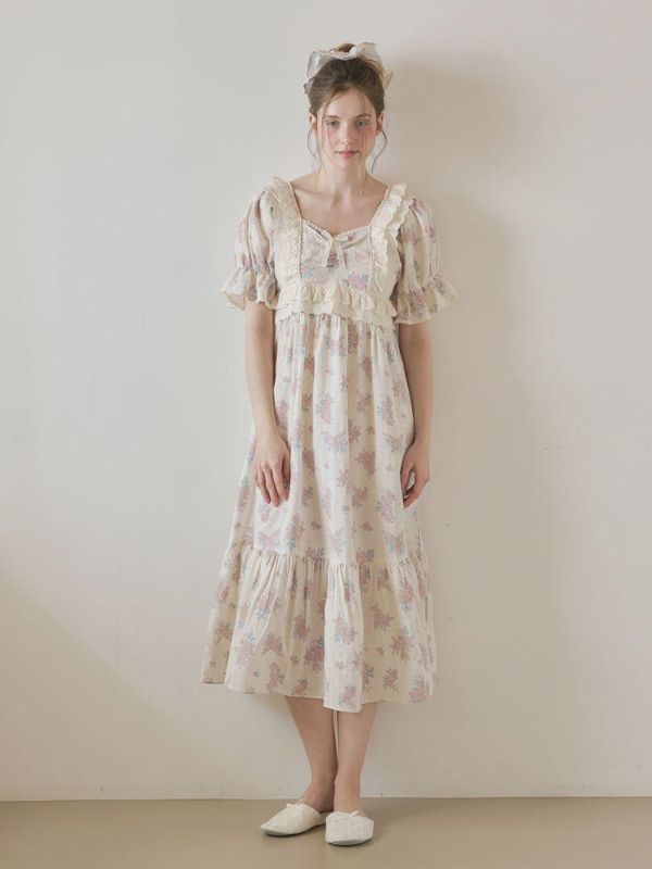 LUNALUZ 花園詩意睡衣洋裝｜霧感花卉　26S 