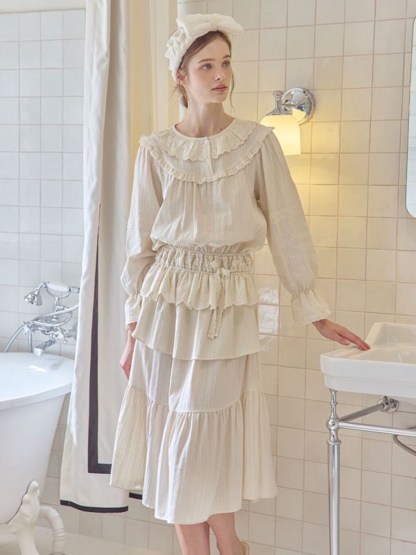 LUNALUZ 米白小夜曲蕾絲睡衣洋裝 