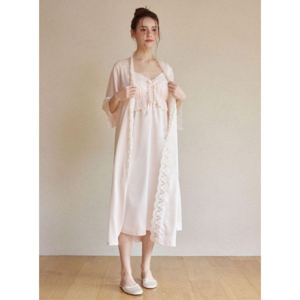 LUNALUZ 夜曲蕾絲 睡衣睡袍組｜柔霧粉 26S 