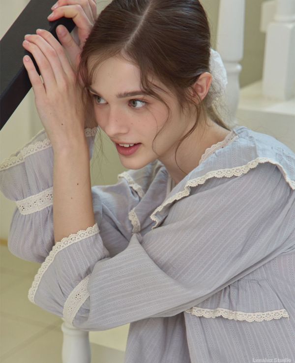 LUNALUZ 暮霧灰純棉蕾絲睡衣 