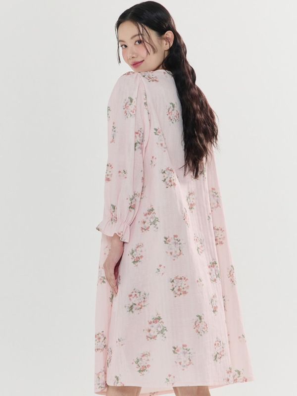 BALCONY 柔軟親膚雙層棉紗長袖睡裙 粉色 