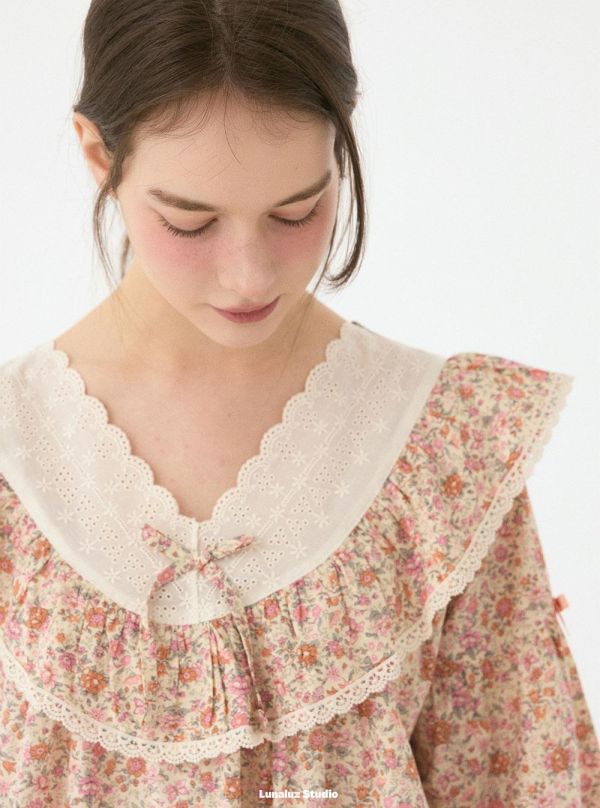 LUNALUZ V 領蕾絲睡衣洋裝｜花園印花 