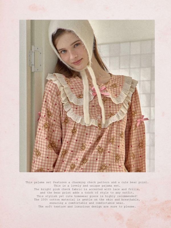LUNALUZ  粉格熊語蕾絲睡衣套裝 