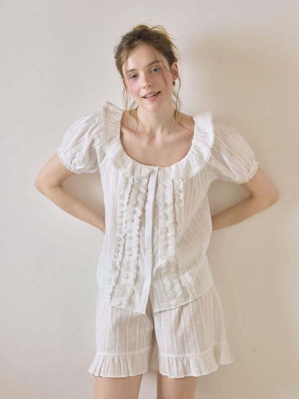 LUNALUZ 立體織紋荷葉領睡衣套裝｜純淨白　26S 