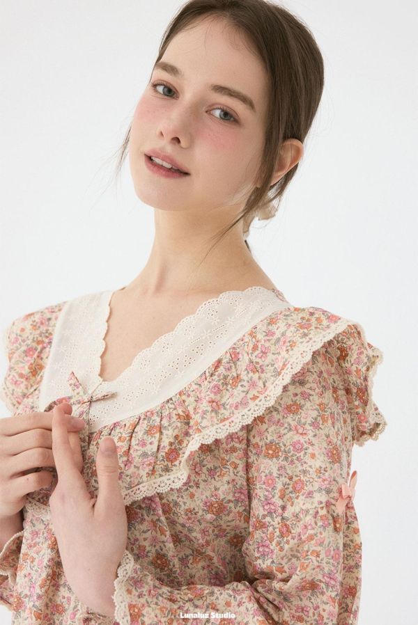 LUNALUZ V 領蕾絲睡衣洋裝｜花園印花 