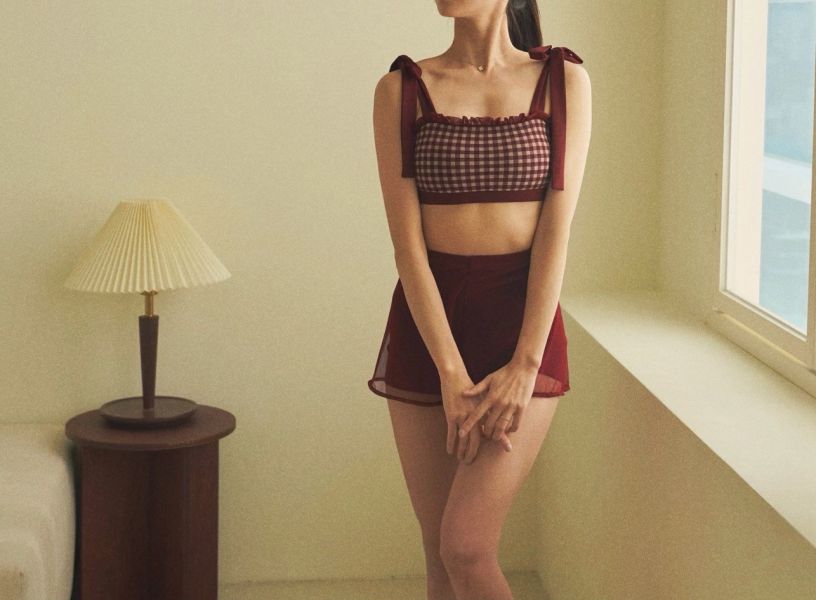 韓國Lenique - Roren Check鋼管上衣+短褲 (Wine) 