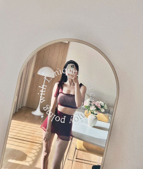 韓國Lenique - Roren Check鋼管上衣+短褲 (Wine) 