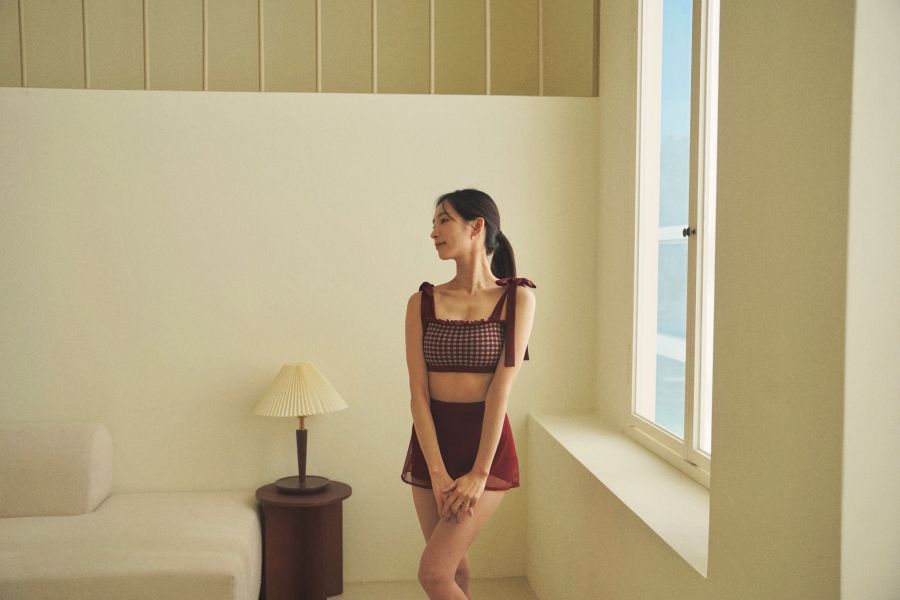 韓國Lenique - Roren Check鋼管上衣+短褲 (Wine) 