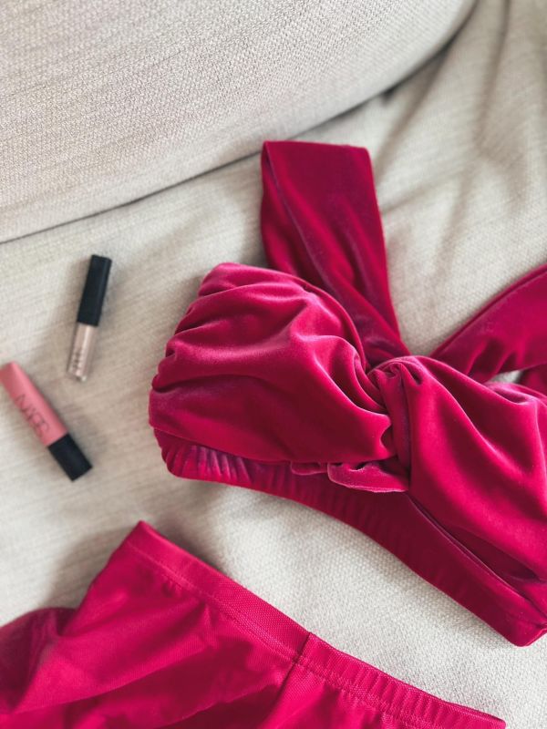 韓國Lenique - Two Shoulder Ribbon鋼管上衣+短褲 (Hot Pink) 