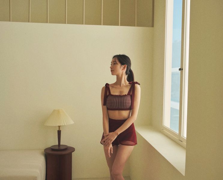 韓國Lenique - Roren Check鋼管上衣+短褲 (Wine) 