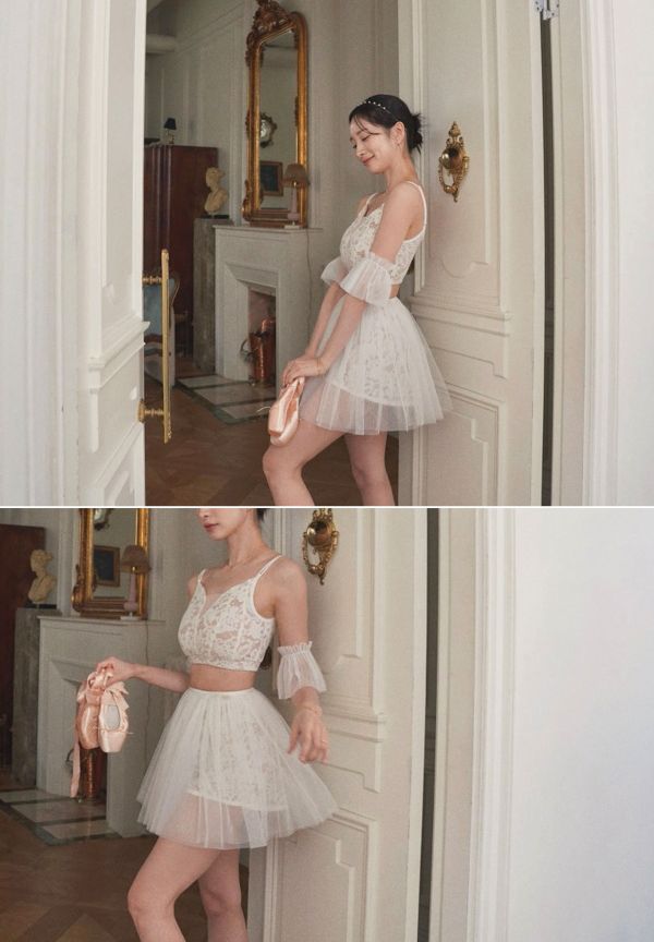 韓國Lenique - Etruah lace Beige鋼管舞衣 (上衣+短褲) 